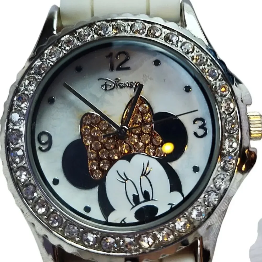 Disney Minnie Mouse Rhinestone Bezel Watch White Silicone Band Crystal Bow